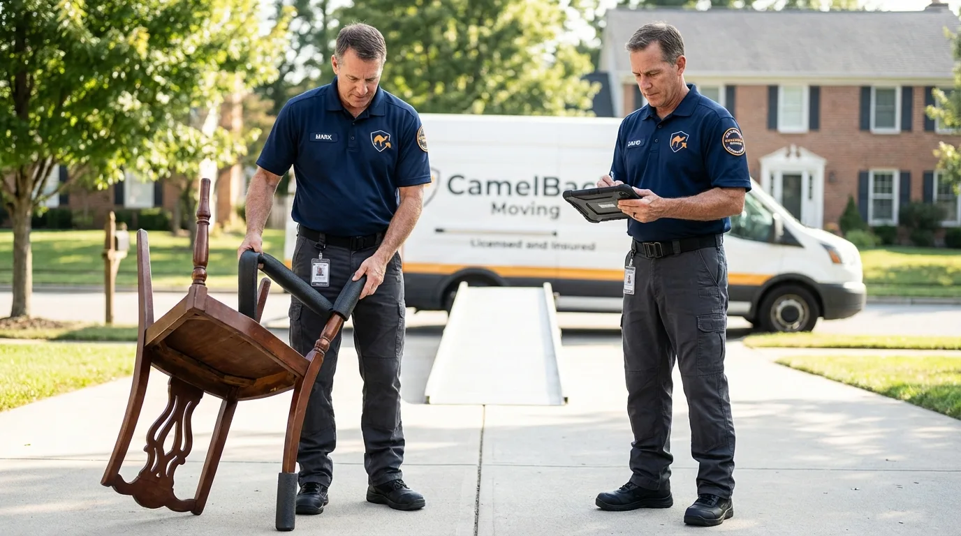 Movers inspecting furniture for damage prevention before loading in Semmes, AL