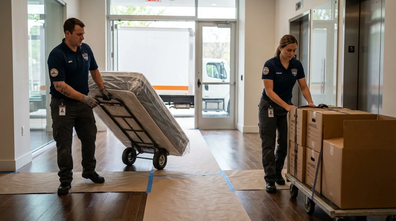 Professional apartment movers loading elevator in Semmes, AL